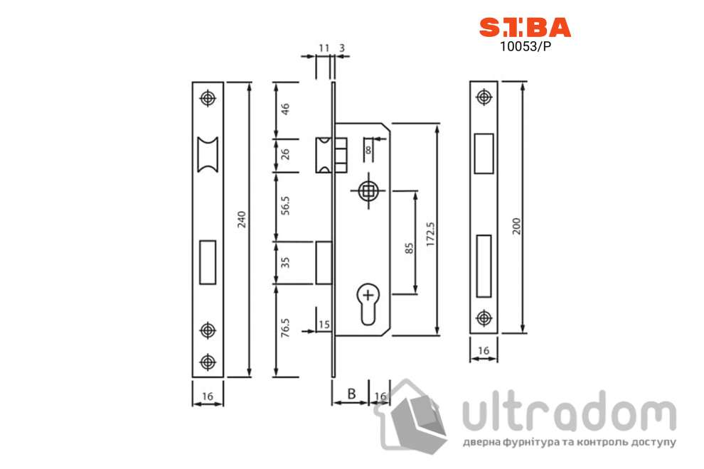 Замок с защелкой SIBA 10053/P B=20 мм для металлопластиковой двери (10053/P-20 CP)