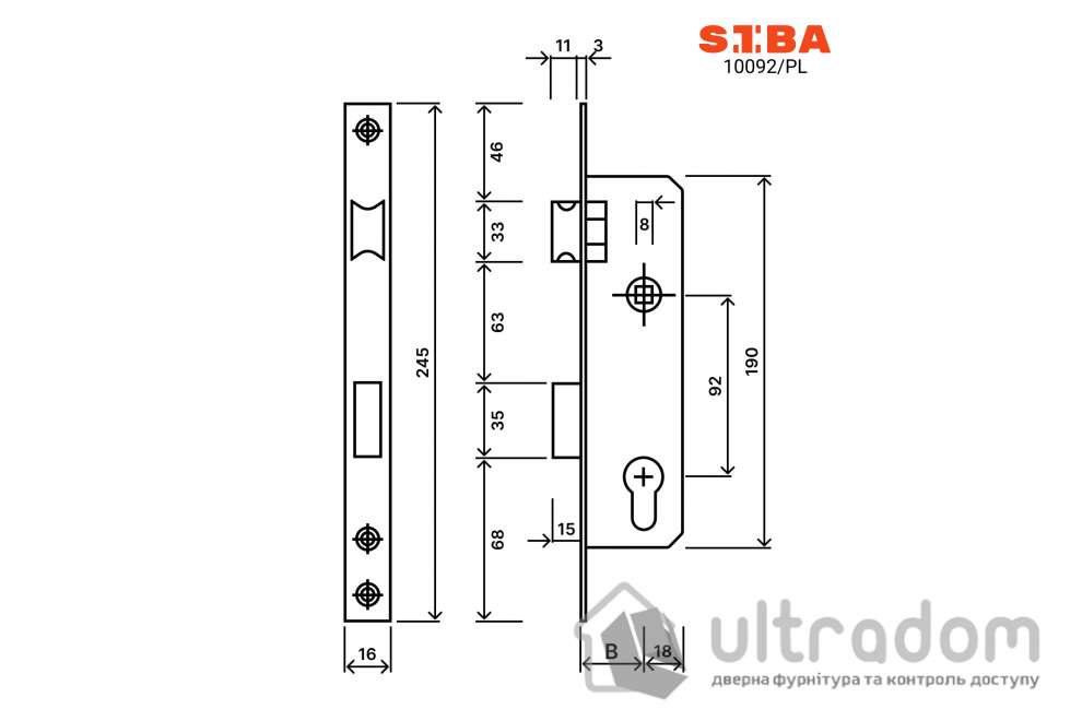 Замок с защелкой SIBA 10092/PL B=35 мм для металлопластиковых дверей (10092/PL-35)