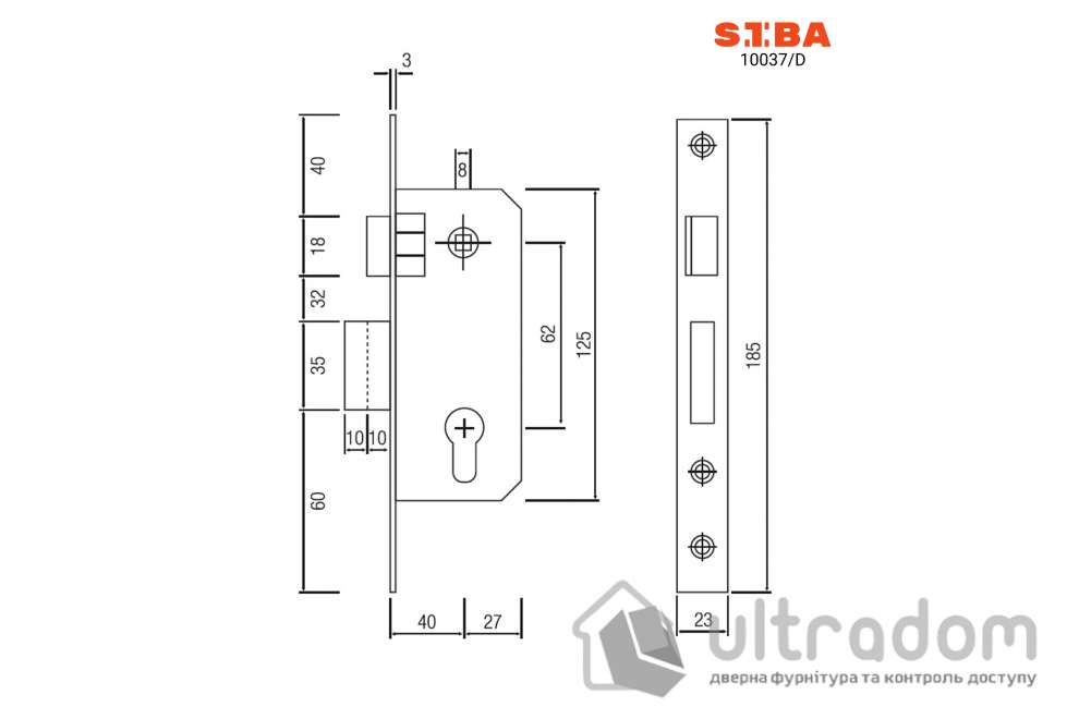 Замок врезной SIBA 10037/D - 62/40 мм, античная бронза AB (10037/D AB)