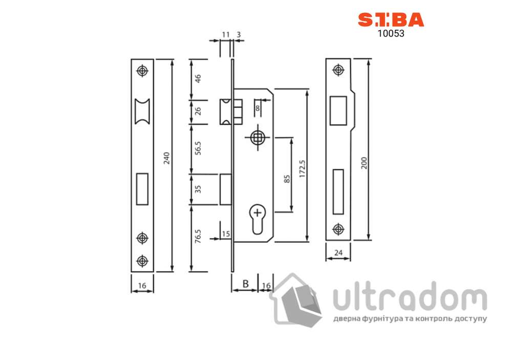 Замок с защелкой SIBA 10053-20 для алюминиевой двери (10053-20 CP)