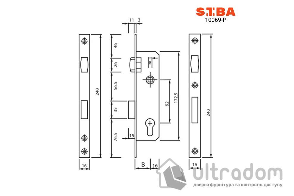 Замок сантехнический SIBA 10069 PWC B=25 мм для металлопластиковой двери (10069 P WC-25)