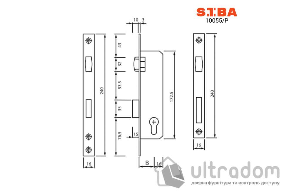 Замок с роликом SIBA 10055/P B=20 мм для металлопластиковой двери (10055/P-20 CP)