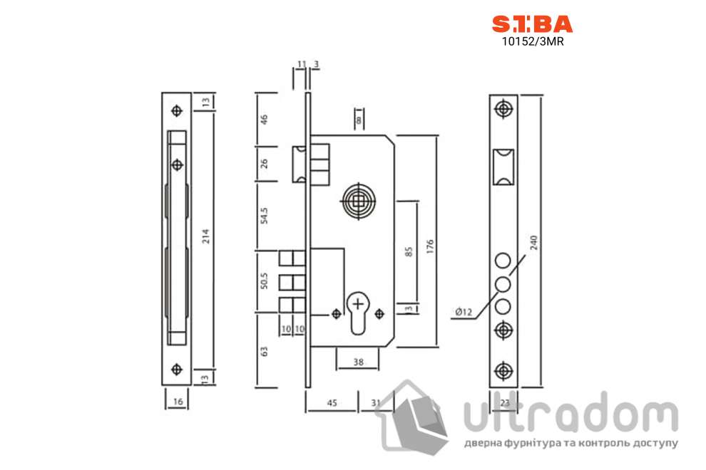 Замок врезной SIBA 10152/3MR-45 мм, полированная латунь PB (10152/3MR PB)