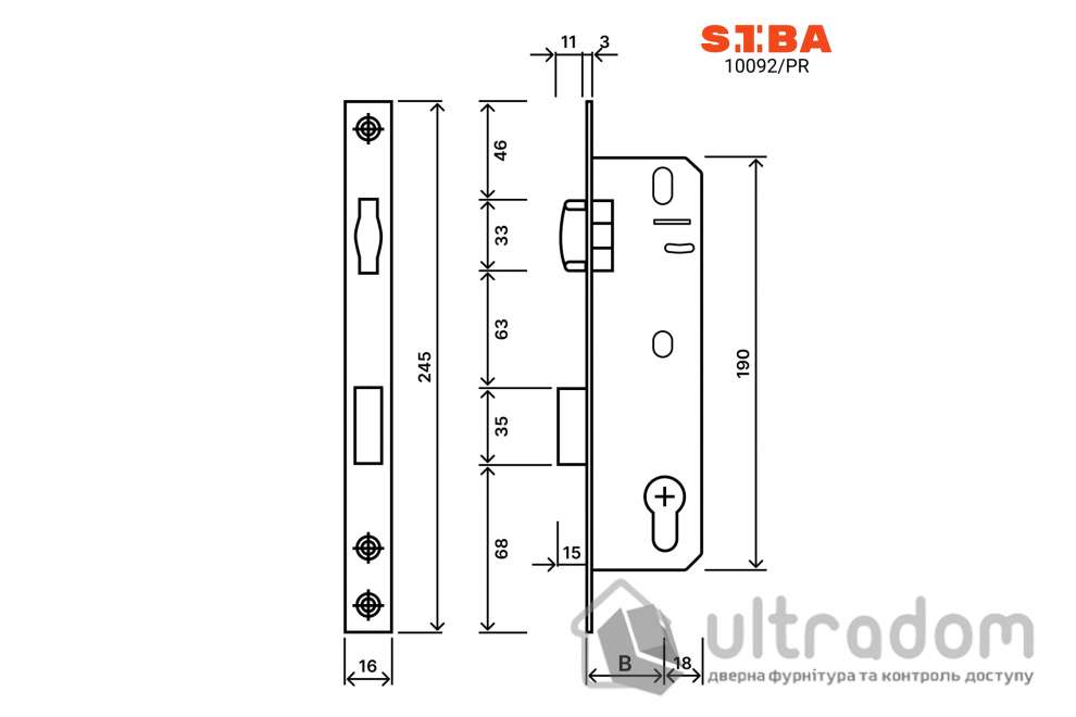 Замок с роликом SIBA 10092/PR B=35 мм для металлопластиковых дверей (10092/PR-35)