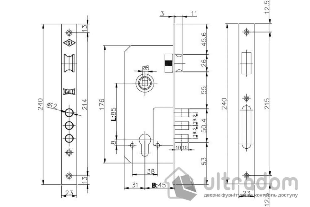 Замок врезной KALE 152 3MR B=45 мм, никель (152-3MR-NP-OEM)