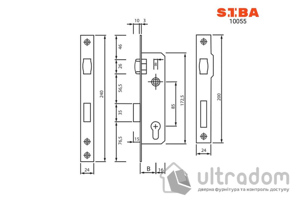 Замок с роликом SIBA 10055 B=30 мм для алюминиевой двери (10055-30 CP)