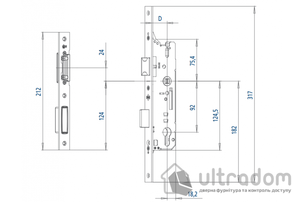 Замок Multisafe FUHR 803 92/45 мм для алюминиевых дверей, без защелки (ACM3452B10SY)