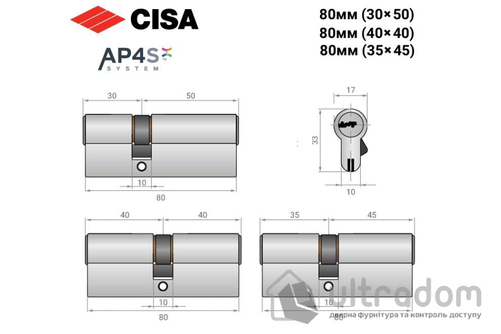 Цилиндр дверной CISA AP4 S 80 мм ключ-ключ никель матовый