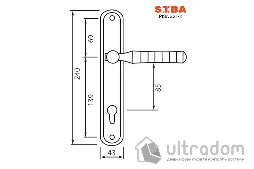 Дверная ручка на планке под ключ (85 мм) SIBA Pisa, мат.никель/хром (Z21 3 22 07)