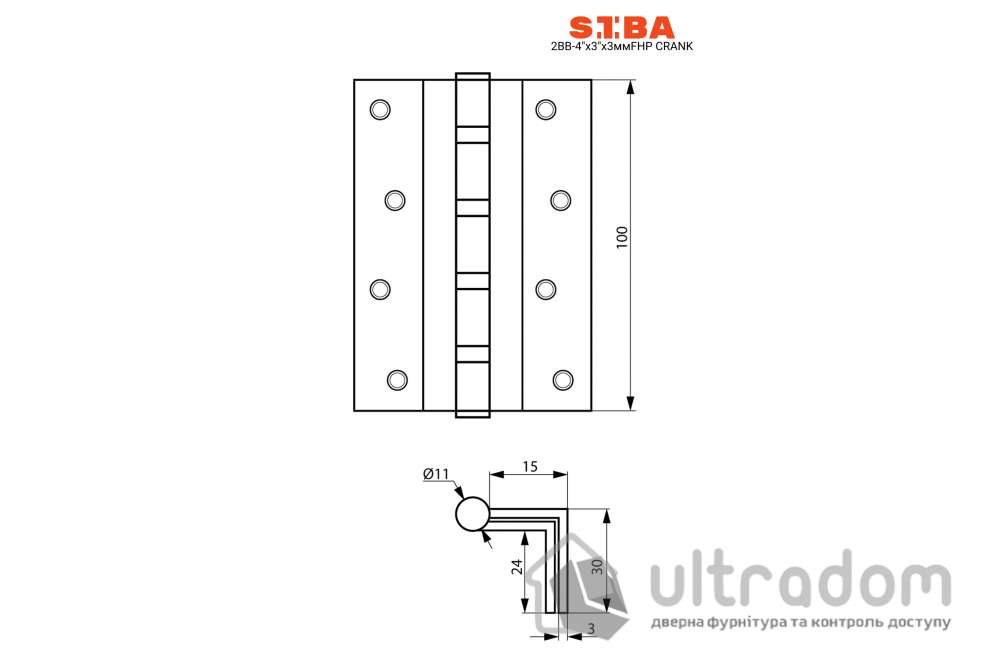 Петля дверная SIBA 100 мм угловая латунная, античная бронза (2BB 4"х3"х3мм FHP AB Bended)