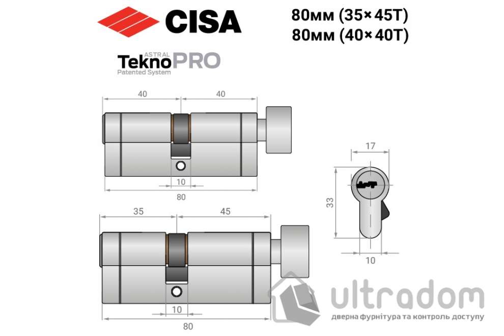 Цилиндр дверной CISA Astral Tekno PRO 80T никель матовый