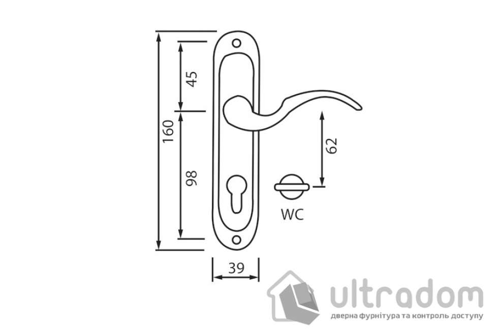 Ручка межкомнатная WC (62мм) на планке SIBA OSIMO, античная бронза (Z09 5K 80 80)