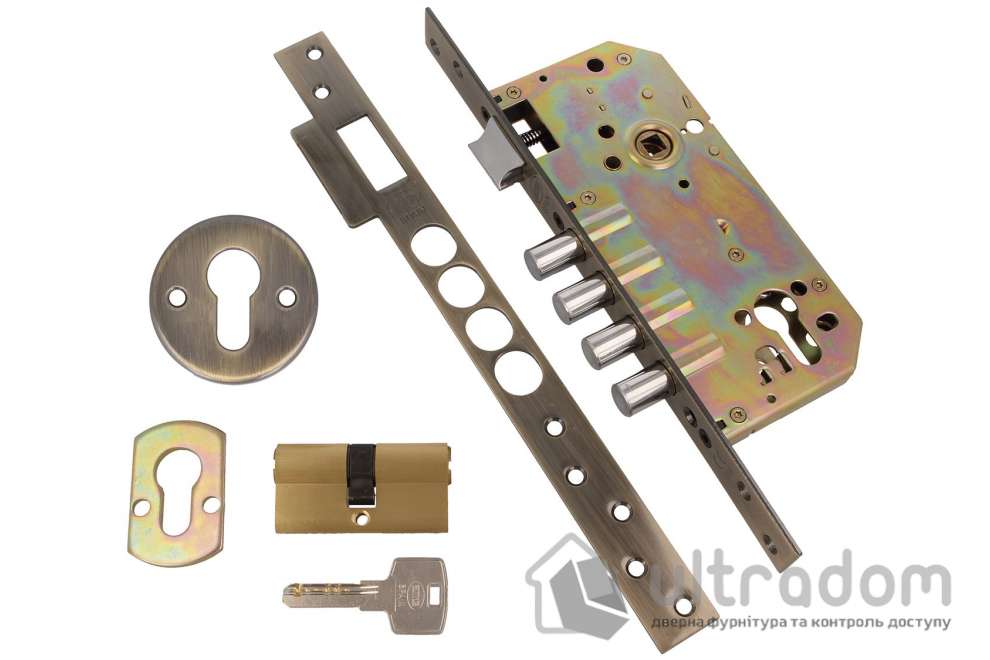 Замок врезной Amig мод.120, 4 ригеля, 50/85 мм, антик + цилиндр 60 мм