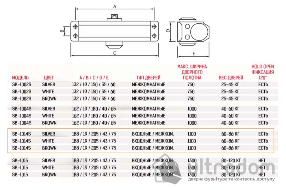 Дверной доводчик SIBA SB-1014S EN4 до 85 кг с фиксацией HOLD-OPEN, коричневый (SB-1014S Brown)