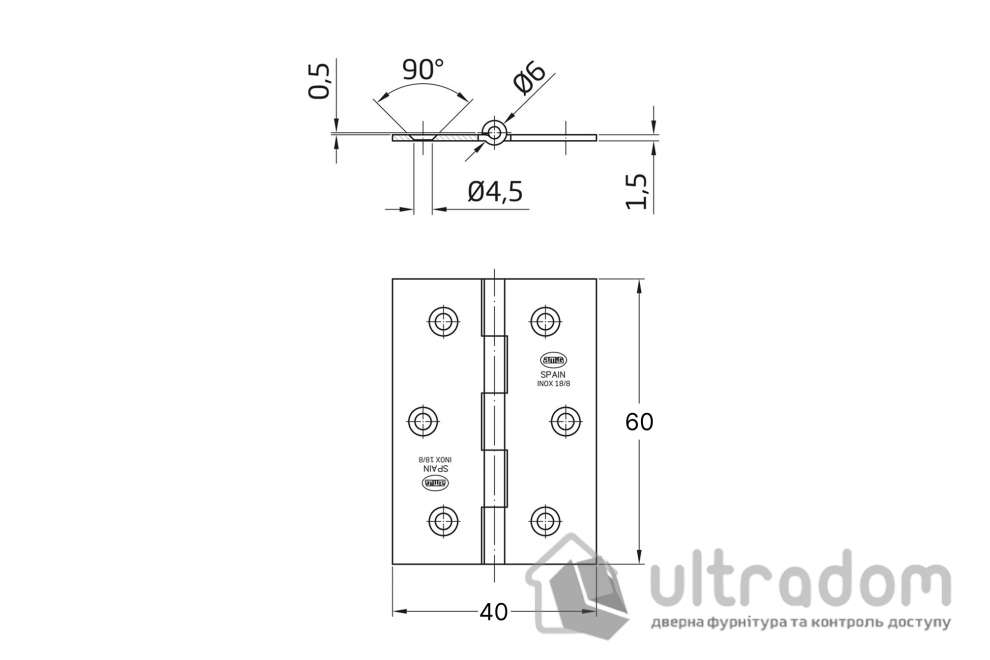 Петля дверная (60x40x1,5 мм) AMIG мод. 2002 универсальная, нержавеющая сталь (5329)