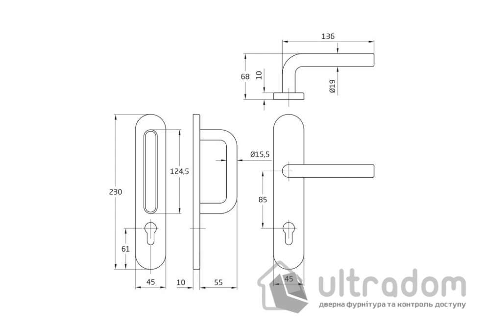 Дверная ручка на планке AMIG мод.10PX+4PXB85 правая, нержавеющая сталь (20400)