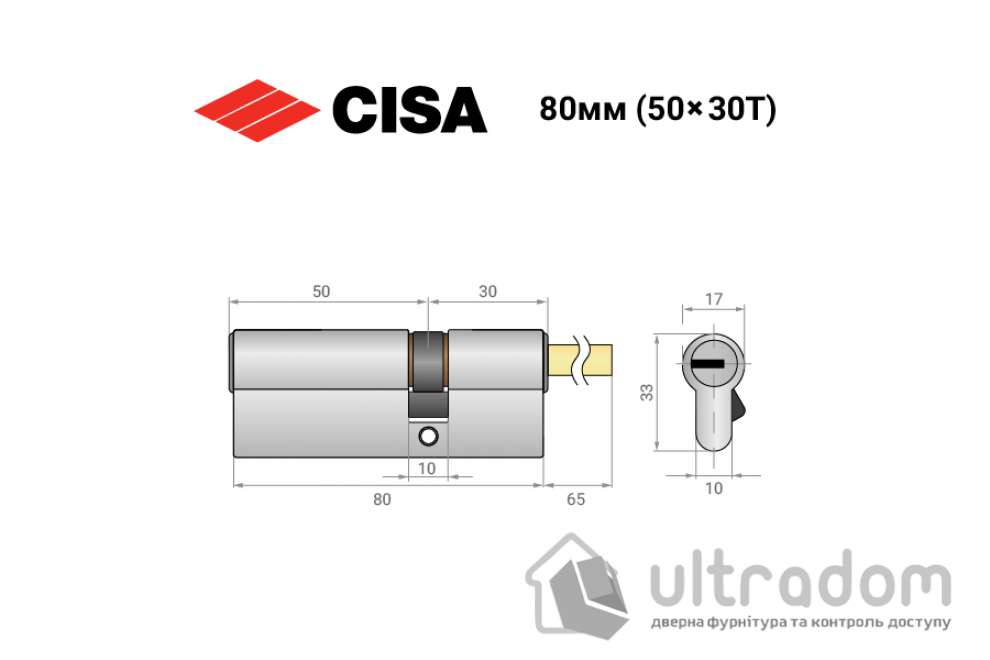 Цилиндр дверной CISA ASIX P8 PRO ключ-шток 80T мм никель матовый