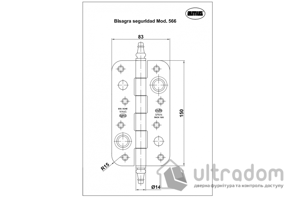 Дверная петля из нержавеющей стали AMIG m.566 150x80x2.8 мм