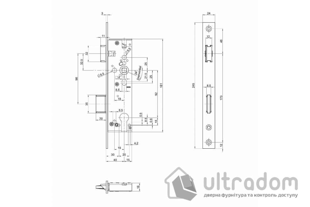 Замок с защёлкой GU-BKS 92/40 мм, для алюминиевой двери (B 1314 0014)