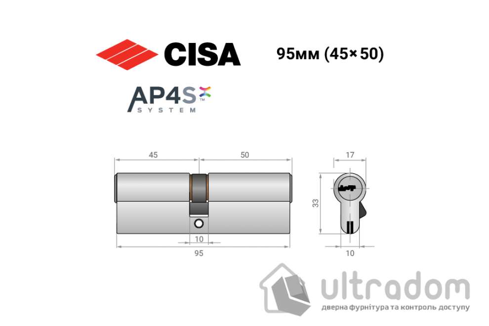 Цилиндр дверной CISA AP4 S 95 мм ключ-ключ никель матовый