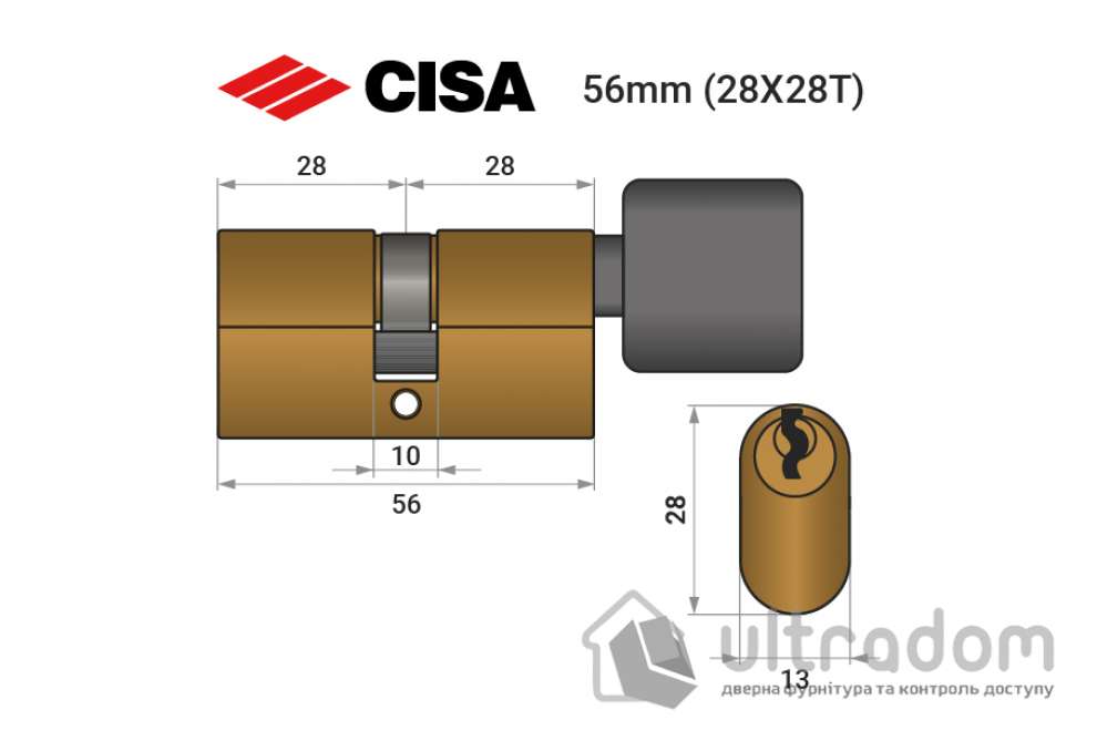 Цилиндр дверной CISA Oval 08230 ключ-тумблер для электромех. замков, 56 мм
