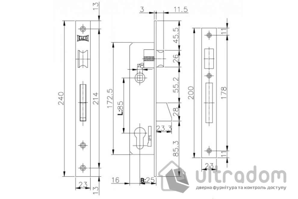 Врезной замок с выкидным ригелем KALE 253U-25 (25 мм) (253-U-25)