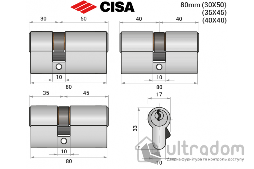 Цилиндр дверной CISA C2000 ключ-ключ, 80 мм