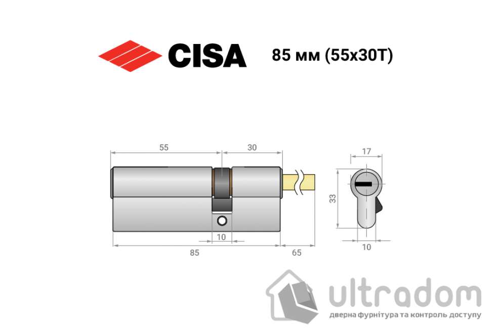 Цилиндр дверной CISA ASIX P8 PRO ключ-шток 85T мм никель матовый