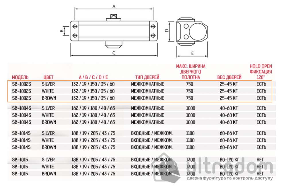 Дверной доводчик SIBA SB-1002S EN2 до 45 кг с фиксацией HOLD-OPEN, серебристый (SB-1002S Silver)