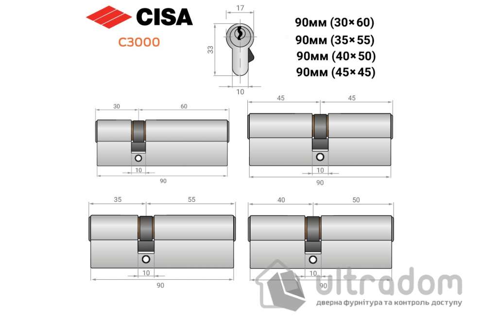 Цилиндр дверной CISA 3000 ключ-ключ, 90 мм никель матовый