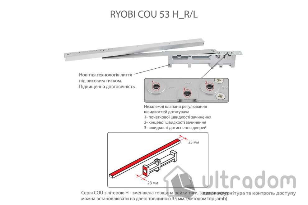 Скрытый дверной доводчик Ryobi COU-53H EN3 дверь до 65 кг