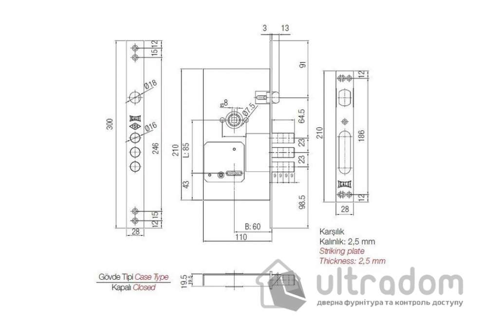 Замок врезной сувальдный Kale 252 RL (252RL)