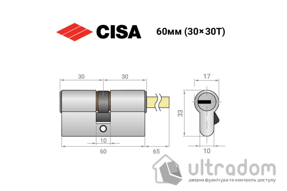 Цилиндр дверной CISA ASIX P8 PRO ключ-шток 60T мм никель матовый