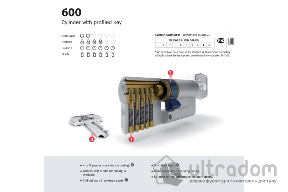 Цилиндр замка AGB SCUDO 600 75 мм, ключ-тумблер