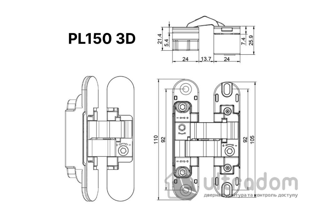 Скрытая петля Profitlock PL150 3D – 24×110 мм, для дверей 40 кг, матовое золото