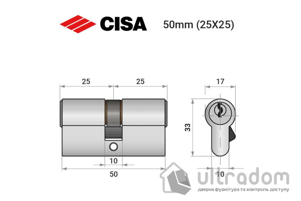 Цилиндр дверной CISA C2000 ключ-ключ, 50 мм