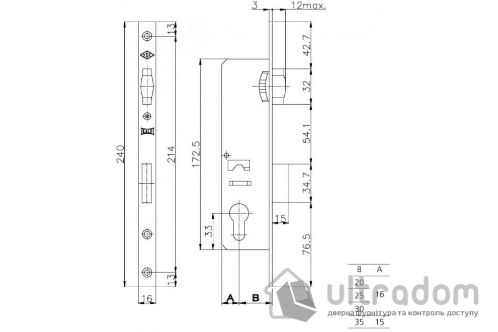 Замок с роликом SIBA 10055/P B=25 мм для металлопластиковой двери (10055/P-25 CP)