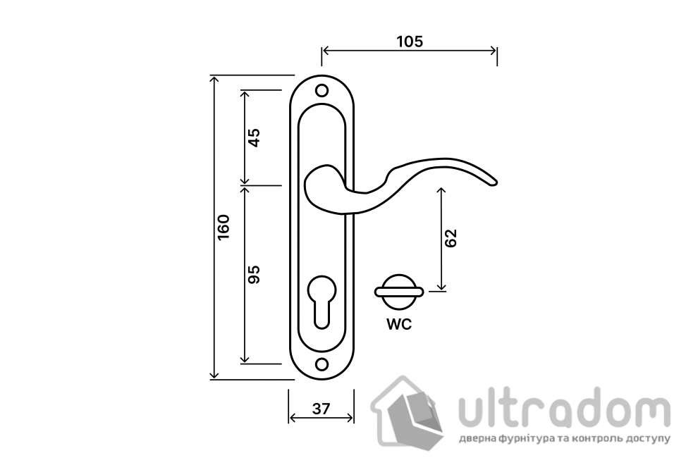 Ручка межкомнатная WC (62мм) на планке SIBA OSIMO, полированная латунь (Z09 5K 01 01)
