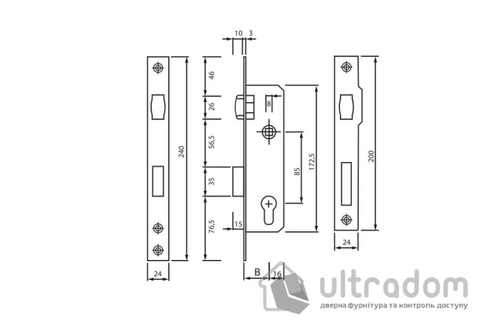 Замок с роликом SIBA 10055 B=35 мм для алюминиевой двери (10055-35 CP)