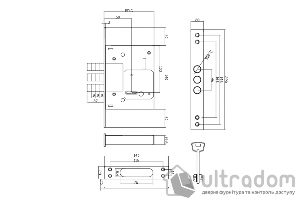 Замок врезной SANTOS 1-WAY LEVER 257L NC UNIV BS60мм SP, Polybag