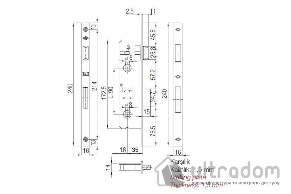 Замок с защелкой WC KALE 269PWC-35 (16 мм) для металлопластиковой двери (269-P-WC-35)