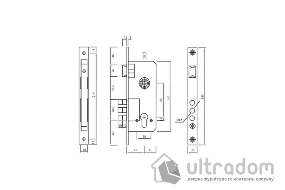 Замок врезной SIBA 10152/3MR-45 мм,  античная бронза AB (10152/3MR AB)