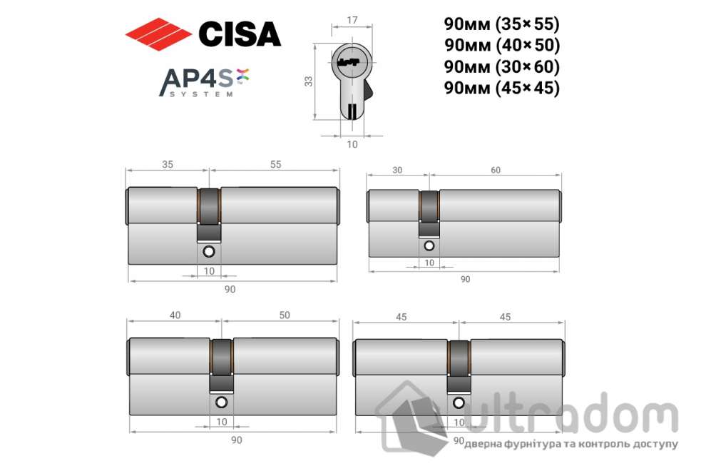 Цилиндр дверной CISA AP4 S 90 мм ключ-ключ никель матовый