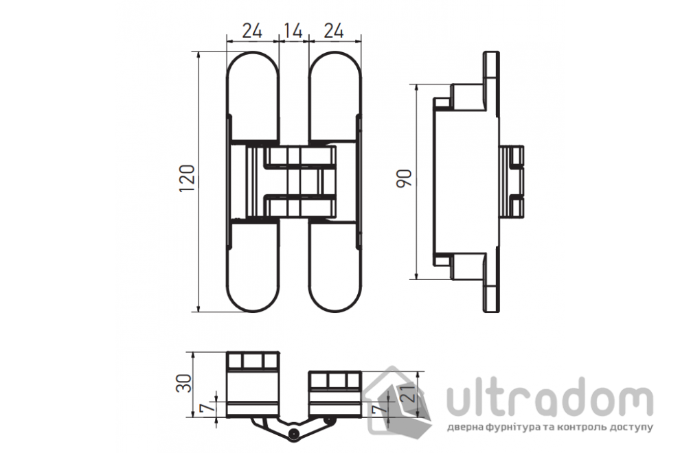 Скрытая петля AXOR для межкомнатных дверей 24х120 мм серебристая с колпачками (D5004-00-N03)