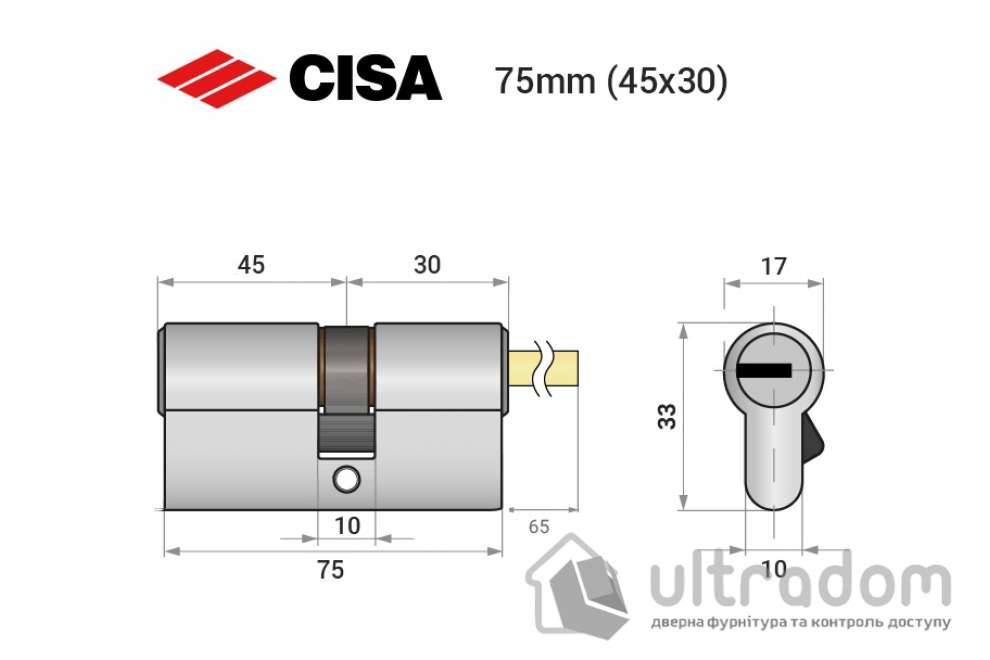 Цилиндр дверной CISA ASIX P8 PRO ключ-шток 75T мм никель матовый