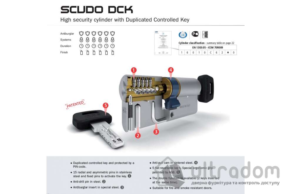 Цилиндр дверной AGB SCUDO DCK ключ-тумблер, 60 мм