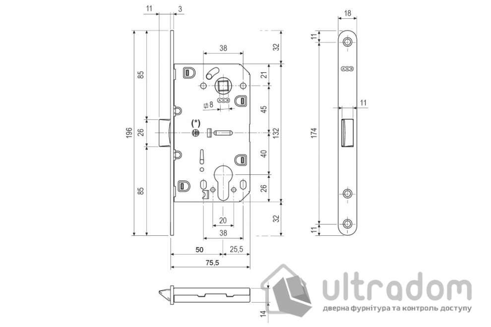 Врезной межкомнатный замок AGB Mediana Evolution PZ, 85/50 мм, матовый никель (B01103.50.41)