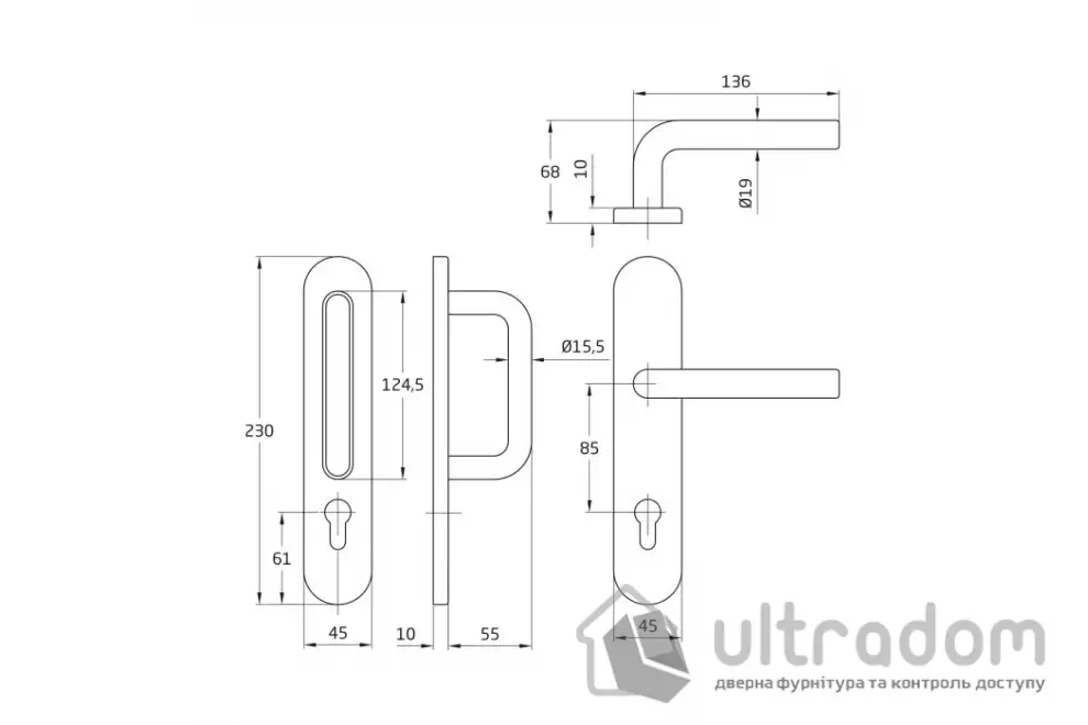 Дверная ручка на планке AMIG mod. 10PX + 4PXB85, нержавеющая сталь