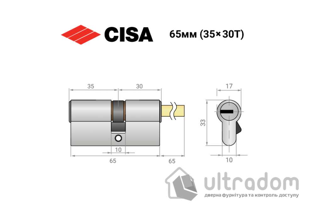 Цилиндр дверной CISA ASIX P8 PRO ключ-шток 65T мм никель матовый