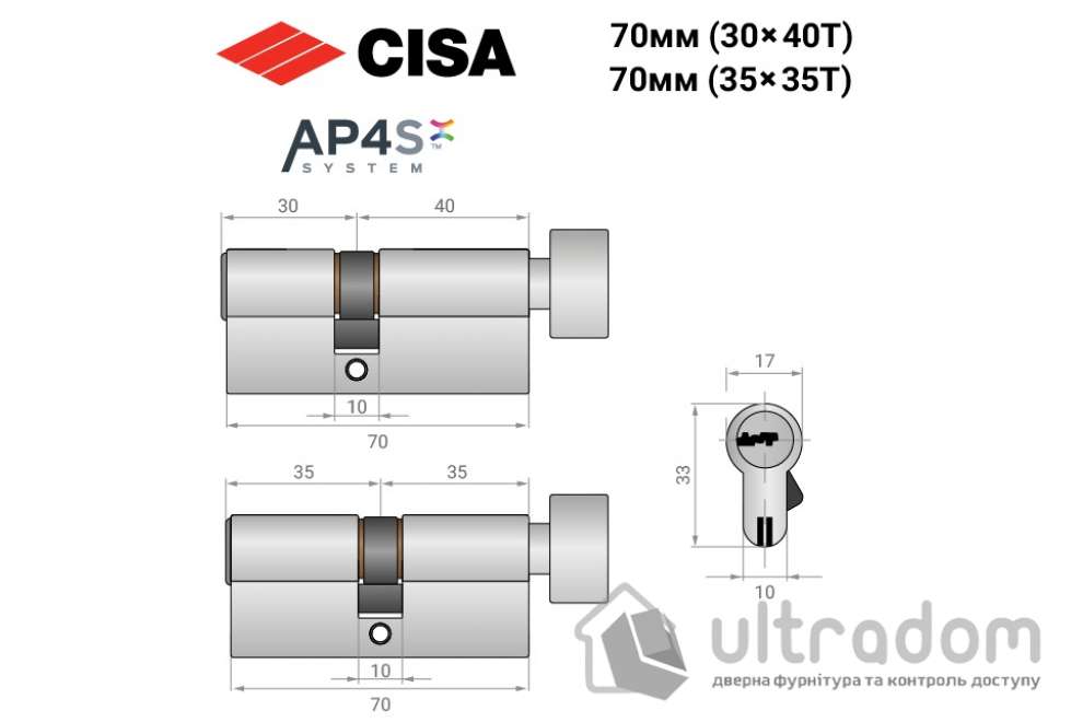 Цилиндр дверной CISA AP4 S 70T ключ-тумблер никель матовый